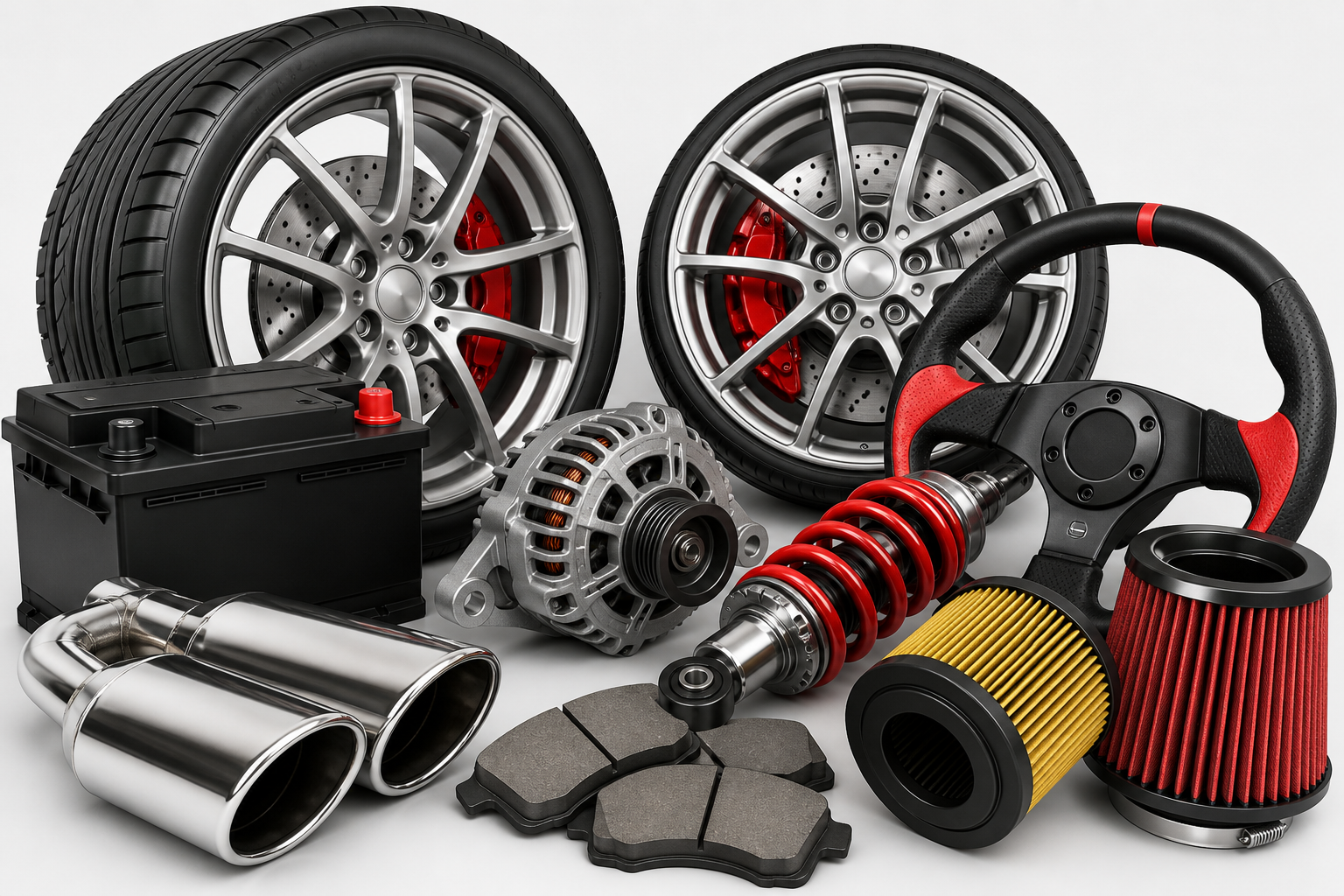 Auto parts assortment — wheels, brakes, filters, battery, and more